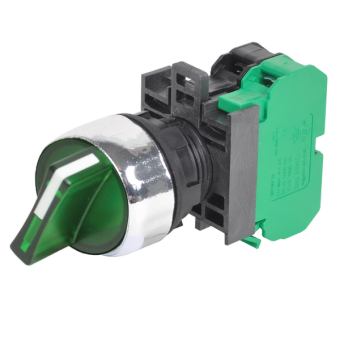 22mm IEC Illuminated Selector Switch with Green Standard Handle, Chrome Plated Bezel, and N.O. Contact