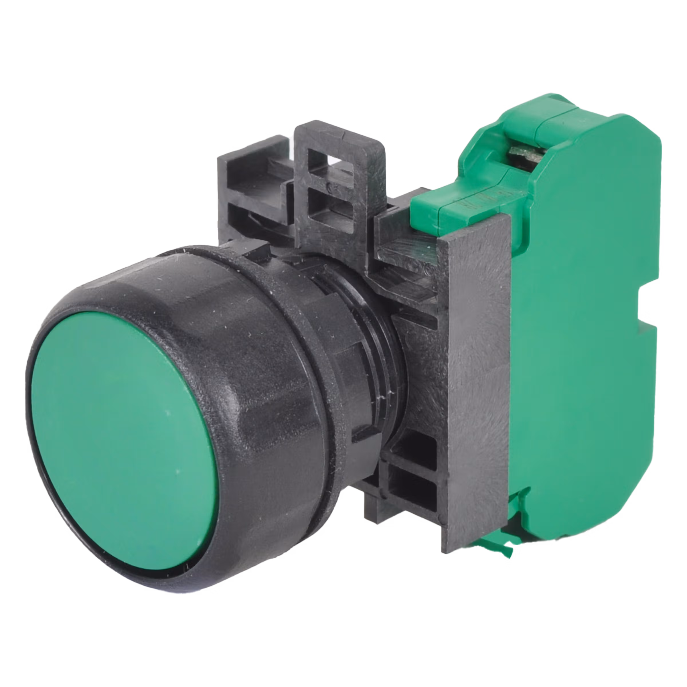 22mm IEC Pushbutton with Green Flush Cap and NO Contact Block