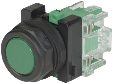 30mm Non-Illuminated Momentary Push Button with Flush Green Cap and NO Contact Block