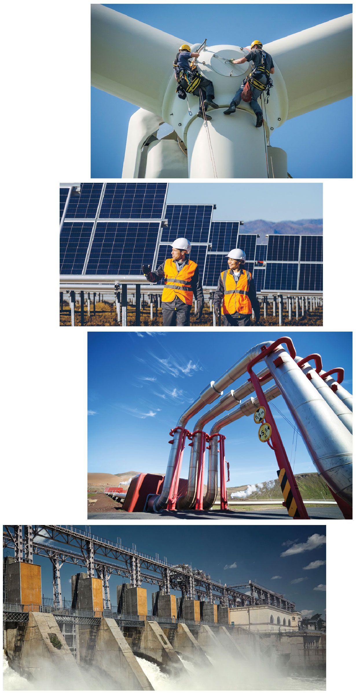 Inspection engineers on a rotor blade of a wind turbine, Solar power station, Geothermal power plant, Electric hydro station